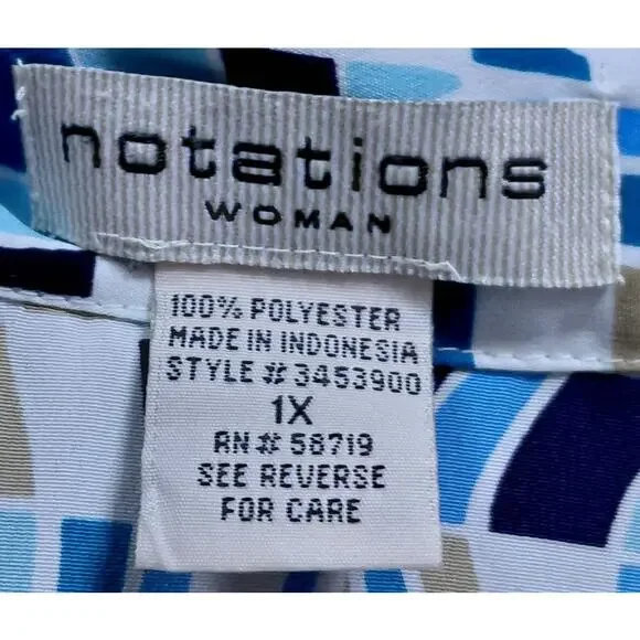 Notations Woman Blue Geometric Print Sleeve Blouse Size 1X-See Measurements - Picture 4 of 9